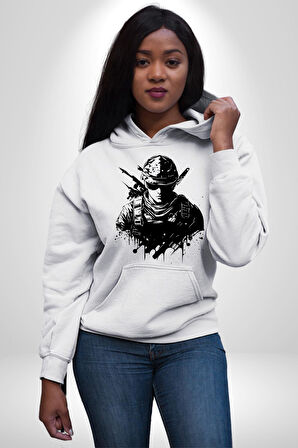 Asker Counter Terrorist 2 Online Oyun Silüeti Kadın Erkek  Beyaz Kapüşonlu Sweatshirt Hoodie
