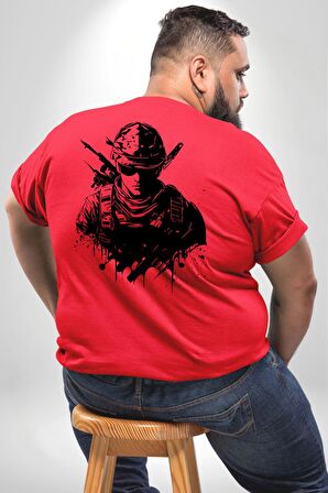 Asker Counter Terrorist 2 Online Oyun Silüeti Büyük Beden Kırmızı Tişört Kadın Erkek Ünisex Sırt Baskılı