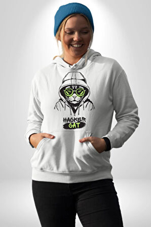 Hacker Kedi Bilgisayar Korsanı Yeşil Gözlük Kadın Erkek  Beyaz Kapüşonlu Sweatshirt Hoodie