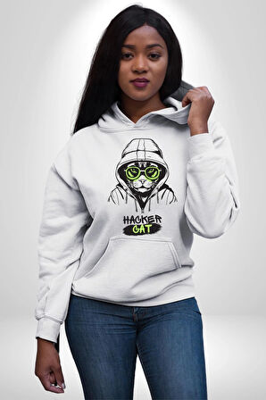 Hacker Kedi Bilgisayar Korsanı Yeşil Gözlük Kadın Erkek  Beyaz Kapüşonlu Sweatshirt Hoodie