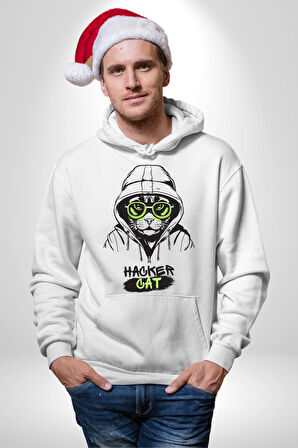 Hacker Kedi Bilgisayar Korsanı Yeşil Gözlük Kadın Erkek  Beyaz Kapüşonlu Sweatshirt Hoodie
