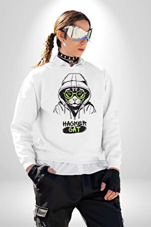 Hacker Kedi Bilgisayar Korsanı Yeşil Gözlük Kadın Erkek Beyaz Sweatshirt 