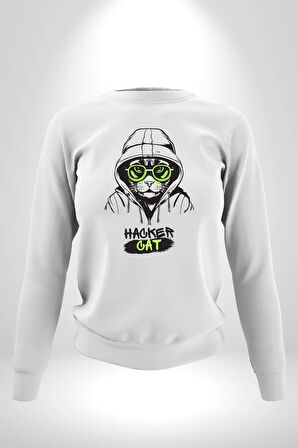 Hacker Kedi Bilgisayar Korsanı Yeşil Gözlük Kadın Erkek Beyaz Sweatshirt 