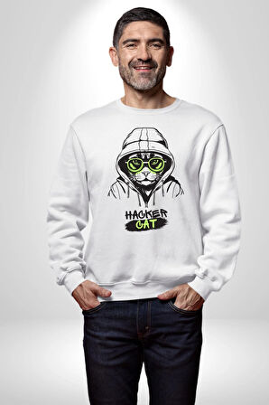 Hacker Kedi Bilgisayar Korsanı Yeşil Gözlük Kadın Erkek Beyaz Sweatshirt 