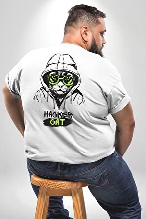 Hacker Kedi Bilgisayar Korsanı Yeşil Gözlük Büyük Beden Beyaz Tişört Kadın Erkek Ünisex Sırt Baskılı