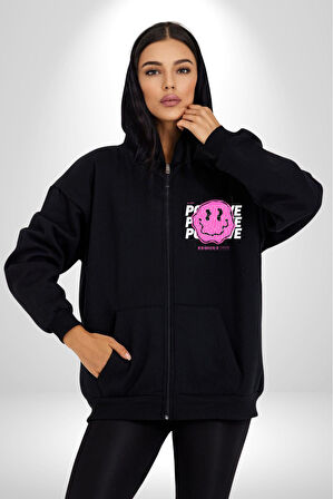 Positive Enerji Emoji Gülen Surat Kadın Erkek Siyah Kapüşonlu Fermuarlı Baskılı Hırka Sweatshirt
