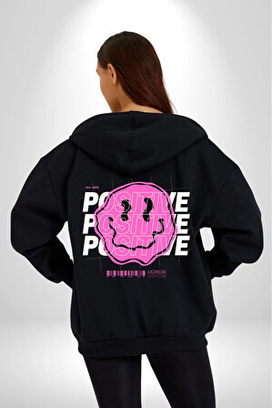 Positive Enerji Emoji Gülen Surat Kadın Erkek Siyah Kapüşonlu Fermuarlı Baskılı Hırka Sweatshirt