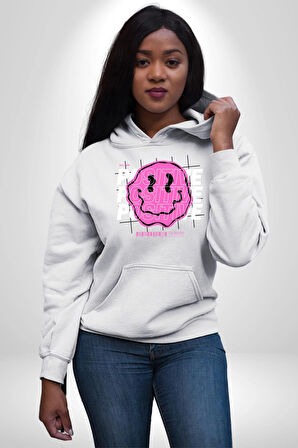 Positive Enerji Emoji Gülen Surat Kadın Erkek  Beyaz Kapüşonlu Sweatshirt Hoodie