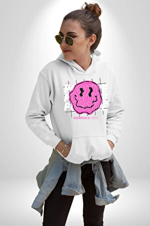 Positive Enerji Emoji Gülen Surat Kadın Erkek  Beyaz Kapüşonlu Sweatshirt Hoodie