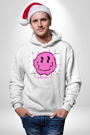 Positive Enerji Emoji Gülen Surat Kadın Erkek  Beyaz Kapüşonlu Sweatshirt Hoodie