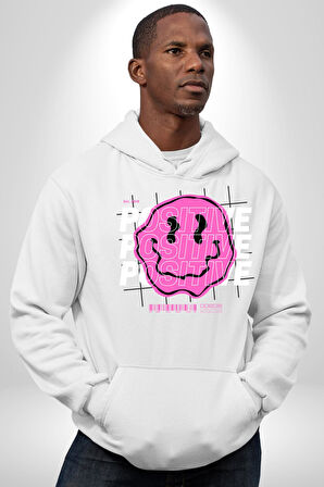 Positive Enerji Emoji Gülen Surat Kadın Erkek  Beyaz Kapüşonlu Sweatshirt Hoodie