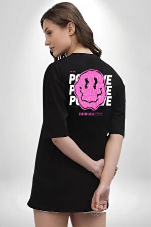 Positive Enerji Emoji Gülen Surat Siyah Oversize Kadın Erkek Ön ve Sırt Baskılı Tişört