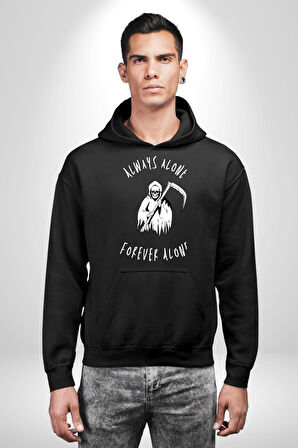 Her Zaman Yalnız Daima Yalnızlık Azrail Kadın Erkek  Siyah Kapüşonlu Sweatshirt Hoodie