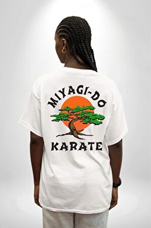 Miyagi-Do Karete Çocuk Logo Dizi Bonzai Ağaç Beyaz Oversize Kadın Erkek Ön ve Sırt Baskılı Tişört