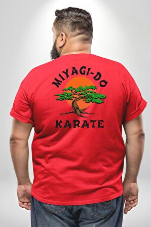 Miyagi-Do Karete Çocuk Logo Dizi Bonzai Ağaç Büyük Beden Kırmızı Tişört Kadın Erkek Ünisex Sırt Baskılı