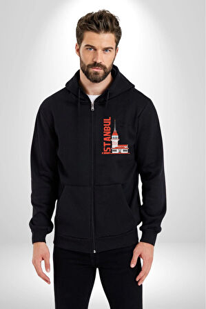 İstanbul Kız Kulesi Türkiye Kadın Erkek Siyah Kapüşonlu Fermuarlı Baskılı Hırka Sweatshirt