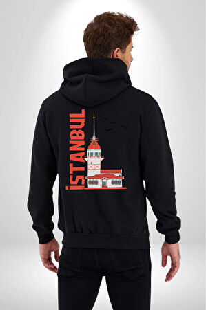 İstanbul Kız Kulesi Türkiye Kadın Erkek Siyah Kapüşonlu Fermuarlı Baskılı Hırka Sweatshirt
