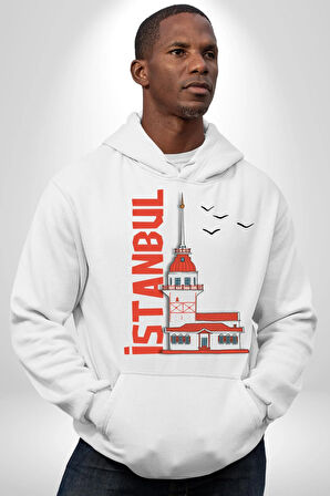 İstanbul Kız Kulesi Türkiye Kadın Erkek  Beyaz Kapüşonlu Sweatshirt Hoodie