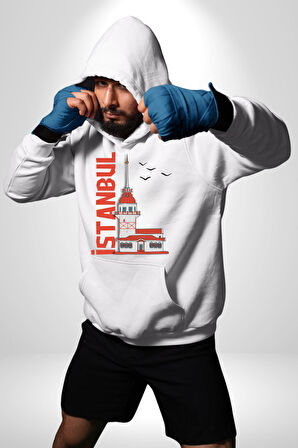 İstanbul Kız Kulesi Türkiye Kadın Erkek  Beyaz Kapüşonlu Sweatshirt Hoodie