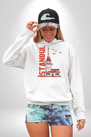 İstanbul Kız Kulesi Türkiye Kadın Erkek  Beyaz Kapüşonlu Sweatshirt Hoodie