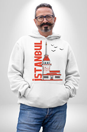 İstanbul Kız Kulesi Türkiye Kadın Erkek  Beyaz Kapüşonlu Sweatshirt Hoodie