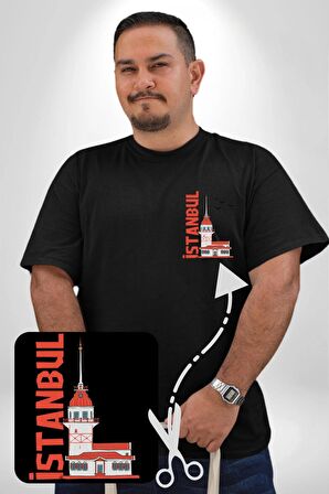 İstanbul Kız Kulesi Türkiye Siyah Büyük Beden Kadın Basic Minimal Baskılı Tişört