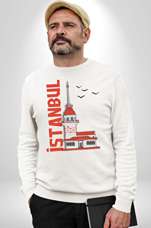 İstanbul Kız Kulesi Türkiye Kadın Erkek Beyaz Sweatshirt 
