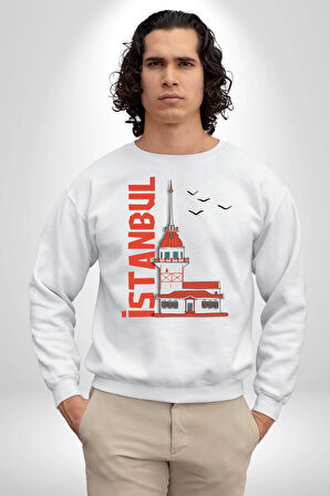 İstanbul Kız Kulesi Türkiye Kadın Erkek Beyaz Sweatshirt 