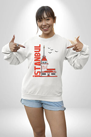 İstanbul Kız Kulesi Türkiye Kadın Erkek Beyaz Sweatshirt 