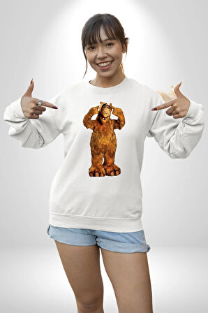 Alf Uzaylı Canavar Dizi Kahramanı  Kadın Erkek Beyaz Sweatshirt 