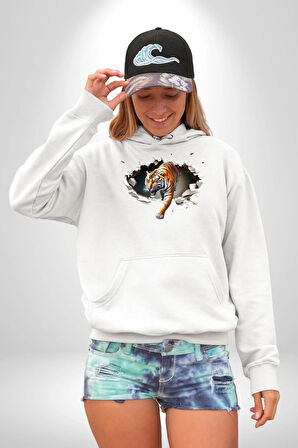 Kırık Duvar Kaplan Kadın Erkek  Beyaz Kapüşonlu Sweatshirt Hoodie