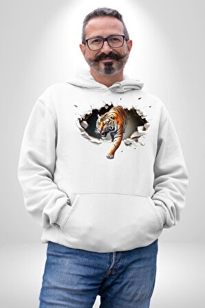 Kırık Duvar Kaplan Kadın Erkek  Beyaz Kapüşonlu Sweatshirt Hoodie