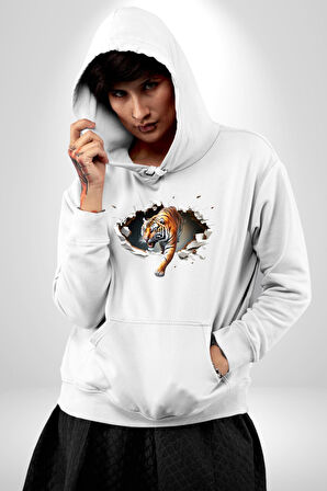 Kırık Duvar Kaplan Kadın Erkek  Beyaz Kapüşonlu Sweatshirt Hoodie