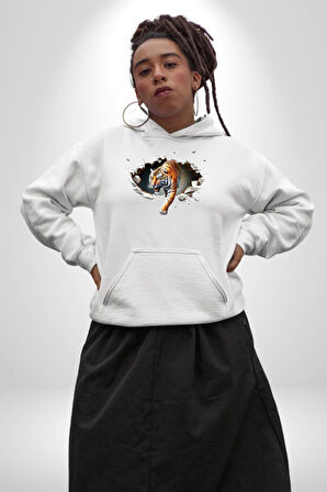 Kırık Duvar Kaplan Kadın Erkek  Beyaz Kapüşonlu Sweatshirt Hoodie
