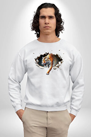 Kırık Duvar Kaplan Kadın Erkek Beyaz Sweatshirt 