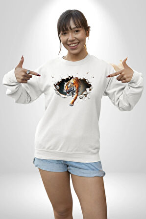 Kırık Duvar Kaplan Kadın Erkek Beyaz Sweatshirt 
