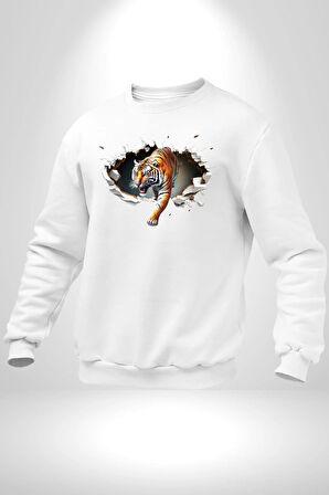 Kırık Duvar Kaplan Kadın Erkek Beyaz Sweatshirt 