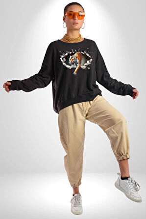Kırık Duvar Kaplan Kadın Erkek Siyah Sweatshirt 