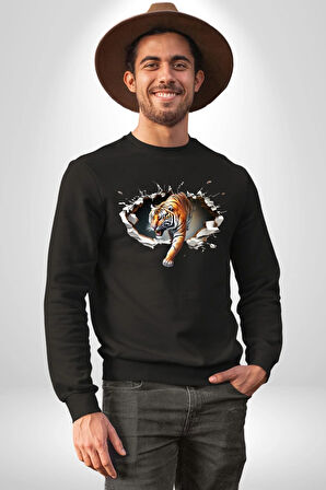 Kırık Duvar Kaplan Kadın Erkek Siyah Sweatshirt 