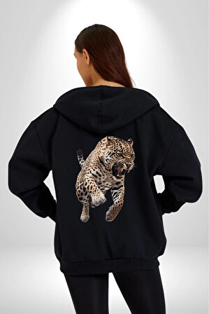 Jaguar Sırtından Çıkan Kadın Erkek Siyah Kapüşonlu Fermuarlı Baskılı Hırka Sweatshirt