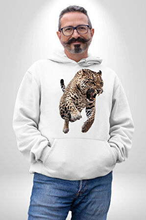 Jaguar Sırtından Çıkan Kadın Erkek  Beyaz Kapüşonlu Sweatshirt Hoodie