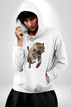 Jaguar Sırtından Çıkan Kadın Erkek  Beyaz Kapüşonlu Sweatshirt Hoodie