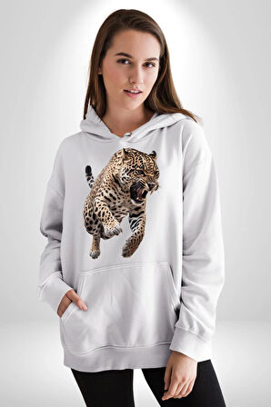 Jaguar Sırtından Çıkan Kadın Erkek  Beyaz Kapüşonlu Sweatshirt Hoodie