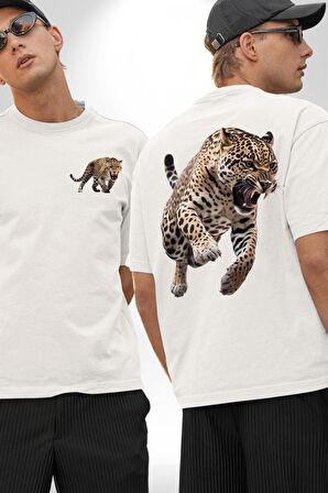Jaguar Sırtından Çıkan Beyaz Oversize Kadın Erkek Ön ve Sırt Baskılı Tişört