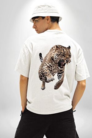 Jaguar Sırtından Çıkan Beyaz Oversize Kadın Erkek Ön ve Sırt Baskılı Tişört