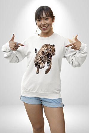 Jaguar Sırtından Çıkan Kadın Erkek Beyaz Sweatshirt 