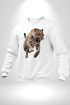 Jaguar Sırtından Çıkan Kadın Erkek Beyaz Sweatshirt 