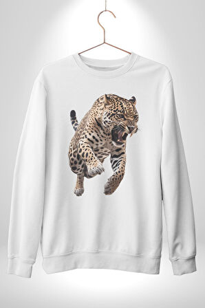 Jaguar Sırtından Çıkan Kadın Erkek Beyaz Sweatshirt 