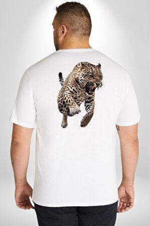 Jaguar Sırtından Çıkan Büyük Beden Beyaz Tişört Kadın Erkek Ünisex Sırt Baskılı