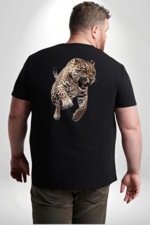 Jaguar Sırtından Çıkan Büyük Beden Siyah Tişört Kadın Erkek Ünisex Sırt Baskılı